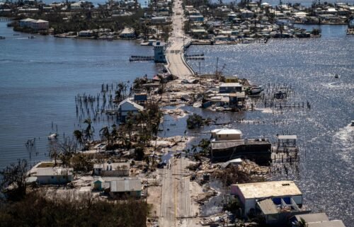An aerial picture taken on Friday shows the only access to the Matlacha neighborhood destroyed in the aftermath of Hurricane Ian in Fort Myers