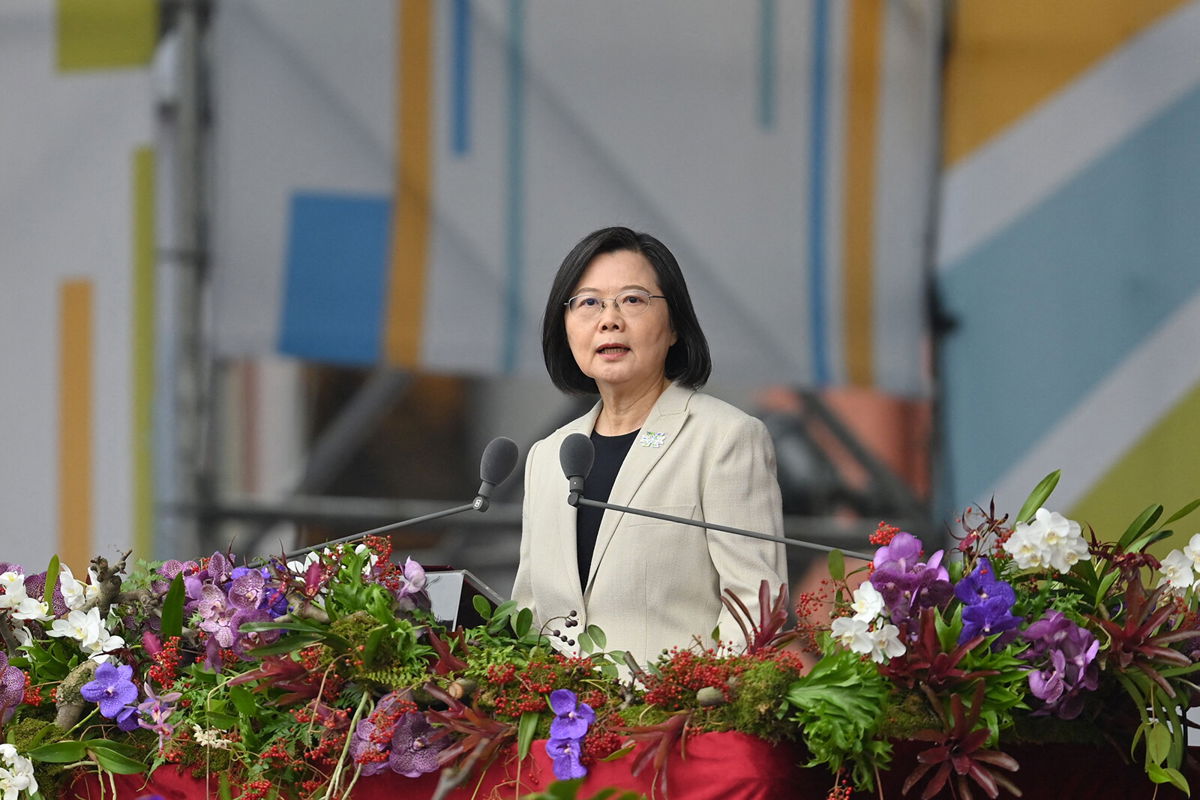 <i>Sam Yeh/AFP/Getty Images</i><br/>Taiwan's President Tsai Ing-wen speaks at a ceremony to mark the island's National Day in front of the Presidential Office in Taipei on October 10.