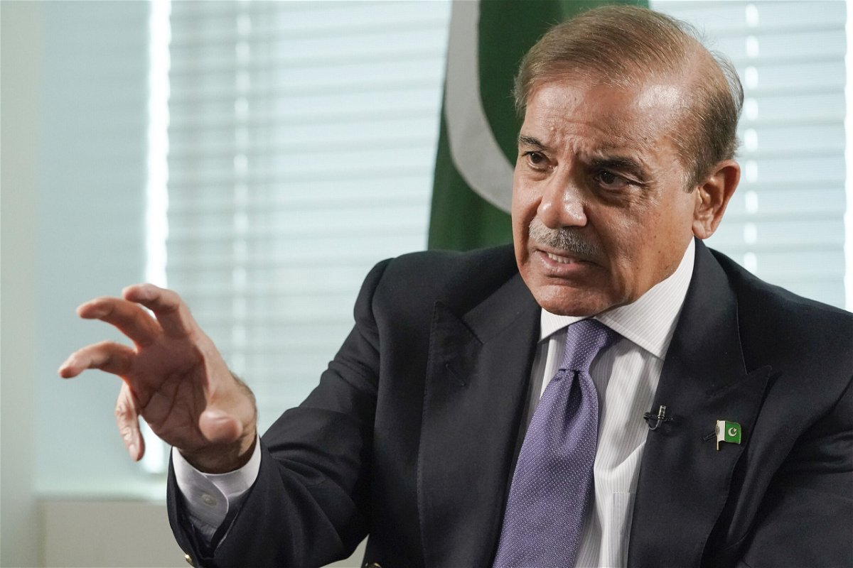 <i>Mary Altaffer/AP</i><br/>Prime Minister of Pakistan Shehbaz Sharif speaks during an interview with The Associated Press