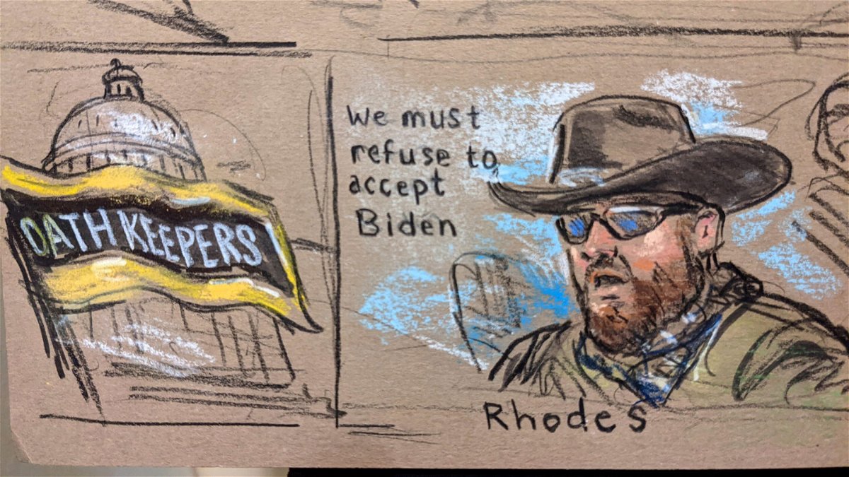 <i>Sketch by Bill Hennessy</i><br/>Federal prosecutors played audio recording in court on October 4 of an alleged November 2020 Oath Keepers planning meeting that discussed plans to bring weapons to Washington