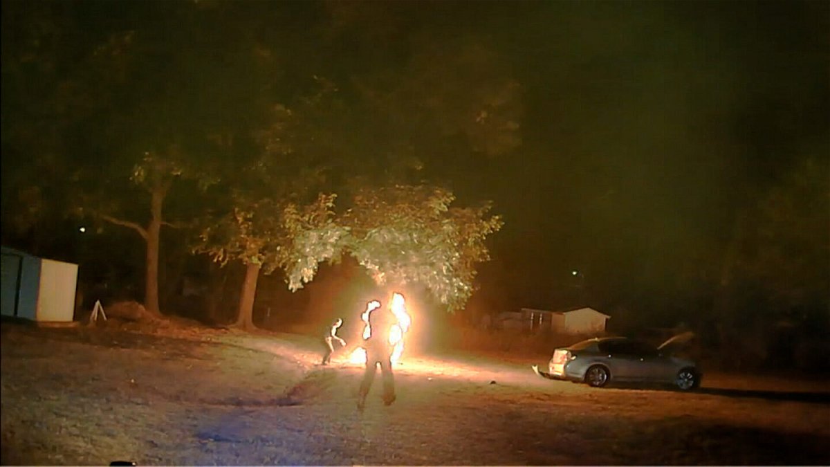 <i>Arkansas State Police via KHBS</i><br/>A motorcyclist erupts in flames after being tased by a Arkansas State Police trooper on October 13.