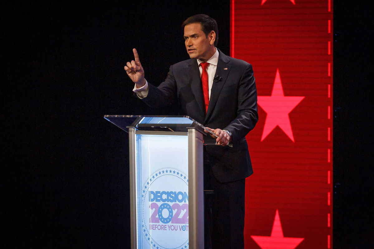 <i>Thomas Cordy/The Palm Beach Post/Pool/AP</i><br/>Sen. Marco Rubio debates Democratic Rep. Val Demings.