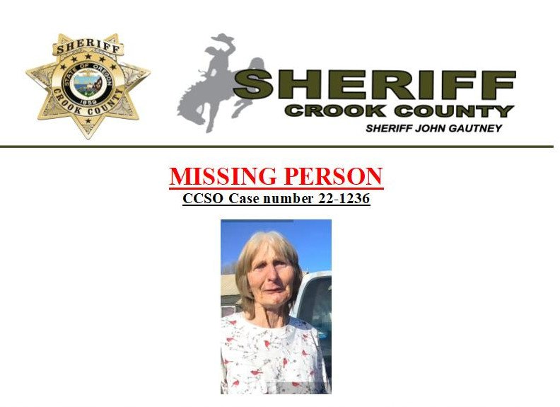 Crook County Sheriff's Office missing-person flyer for Darlene Schutte, 66, of Prineville