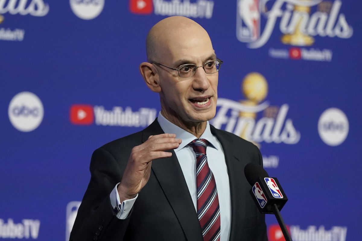 <i>Jeff Chiu/AP</i><br/>Adam Silver speaks at a news conference before Game 1 of the 2022 NBA Finals on June 2.