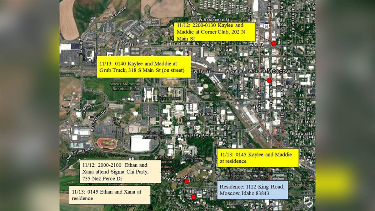 <i>Moscow Police Department</i><br/>Investigators have released a map depicting the movements of four University of Idaho students the night they were killed.