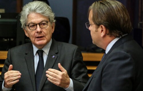 European commissioner for internal market Thierry Breton (L) is seen here in Brussels