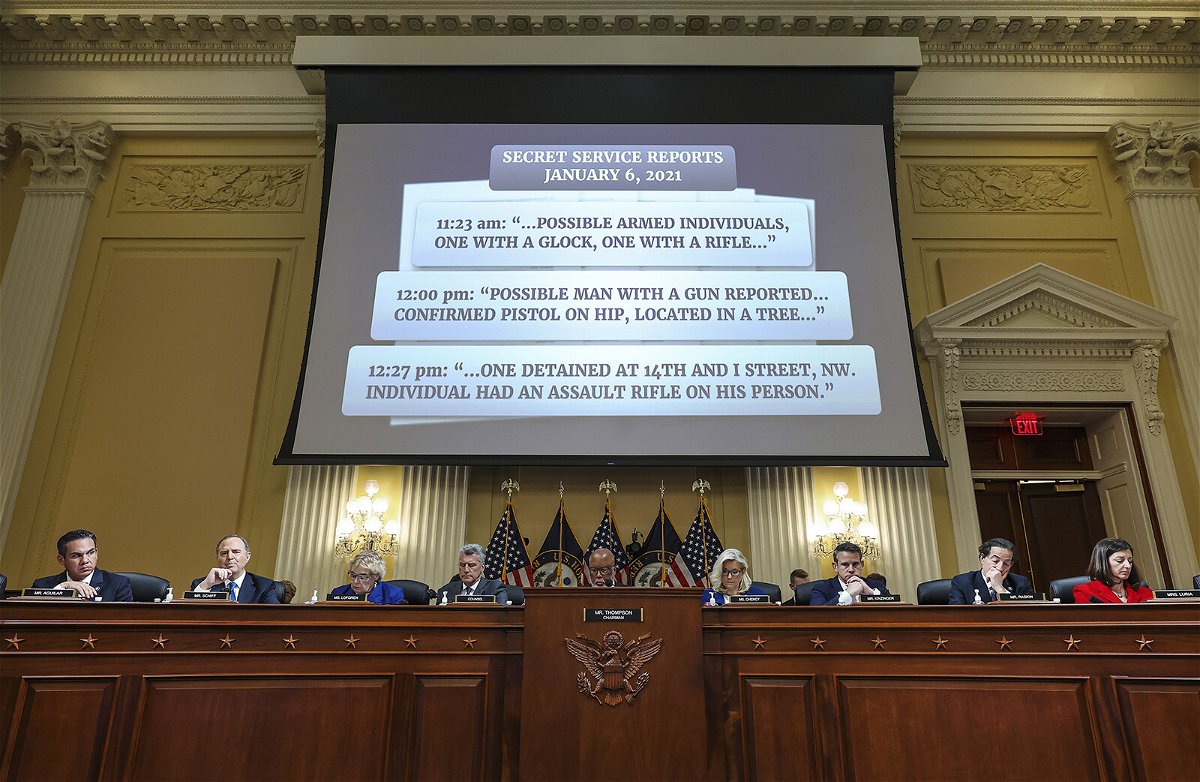 <i>Alex Wong/Bloomberg/Getty Images</i><br/>Excerpts from Secret Service reports are displayed on a screen during a hearing of the Select Committee to Investigate the January 6th Attack on the US Capitol in Washington