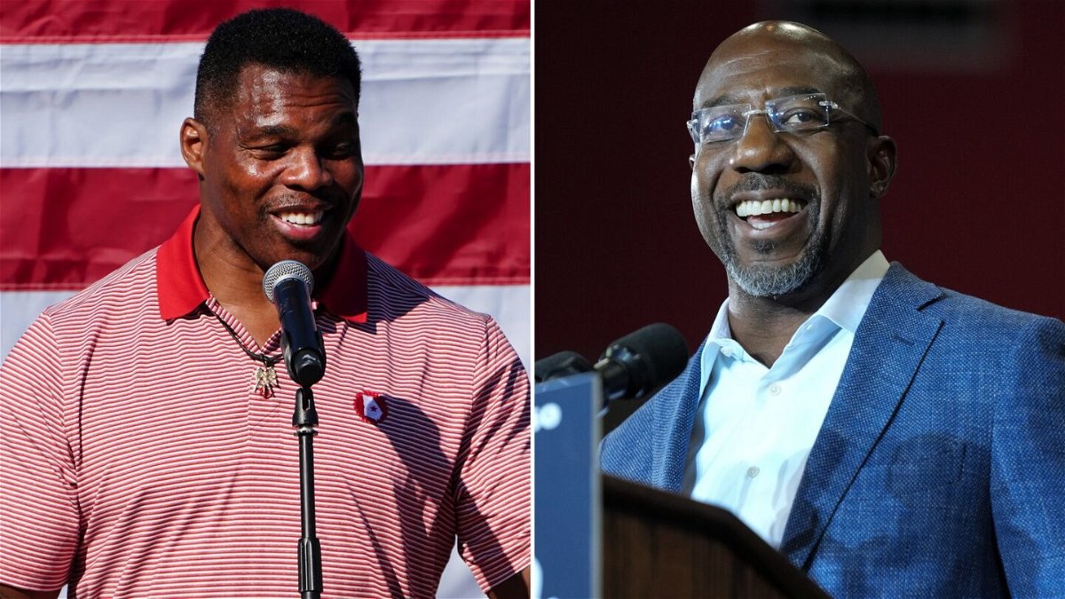 <i>John Bazemore/AP</i><br/>Republican candidate for US Senate Herschel Walker (L) and Senator Raphael Warnock are locked in a too-early-to-call Georgia Senate race.