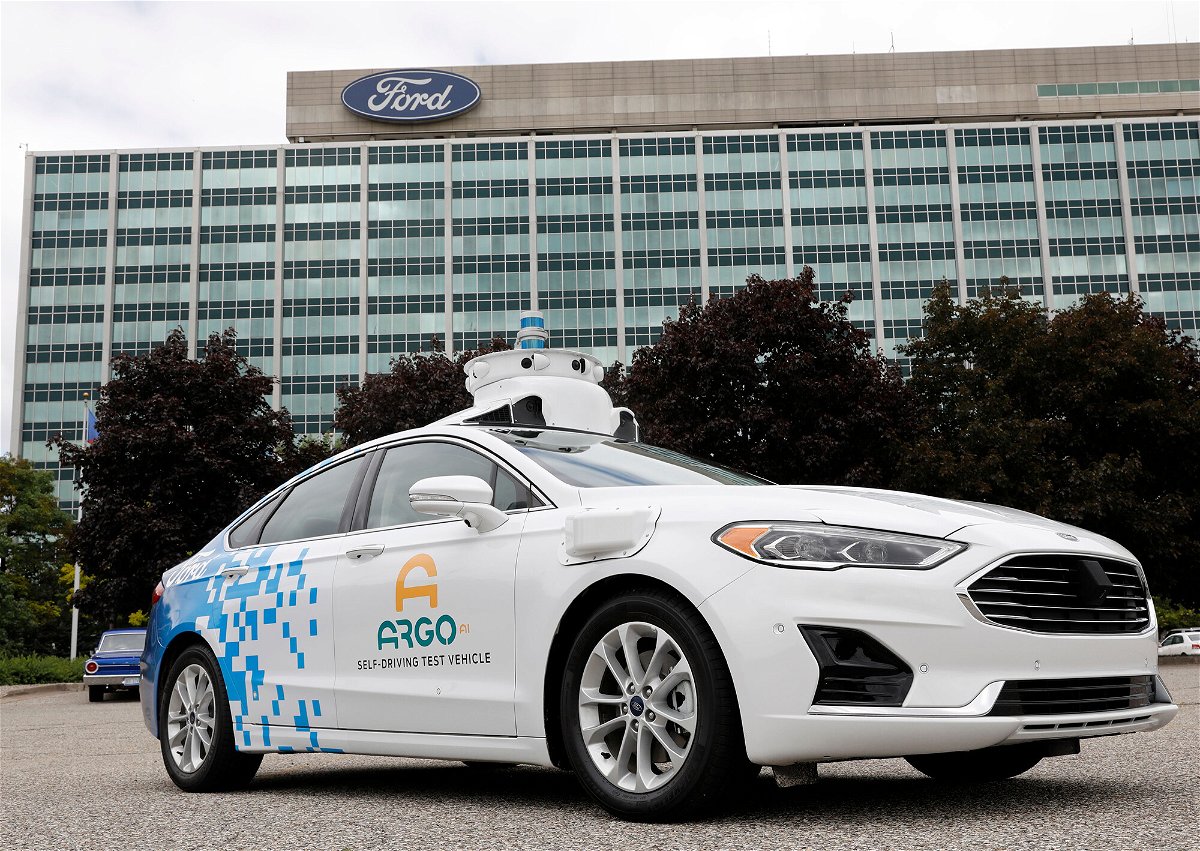 <i>Jeff Kowalsky/AFP/Getty Images</i><br/>A Ford Argo AI test vehicle is parked in front of the Ford headquarters in Dearborn