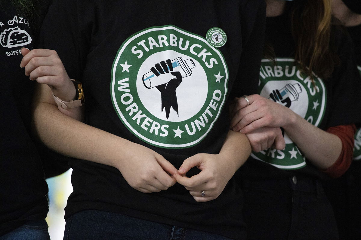 <i>Joshua Bessex/AP</i><br/>Starbucks employees and supporters react as votes are read during a union-election watch party in Buffalo