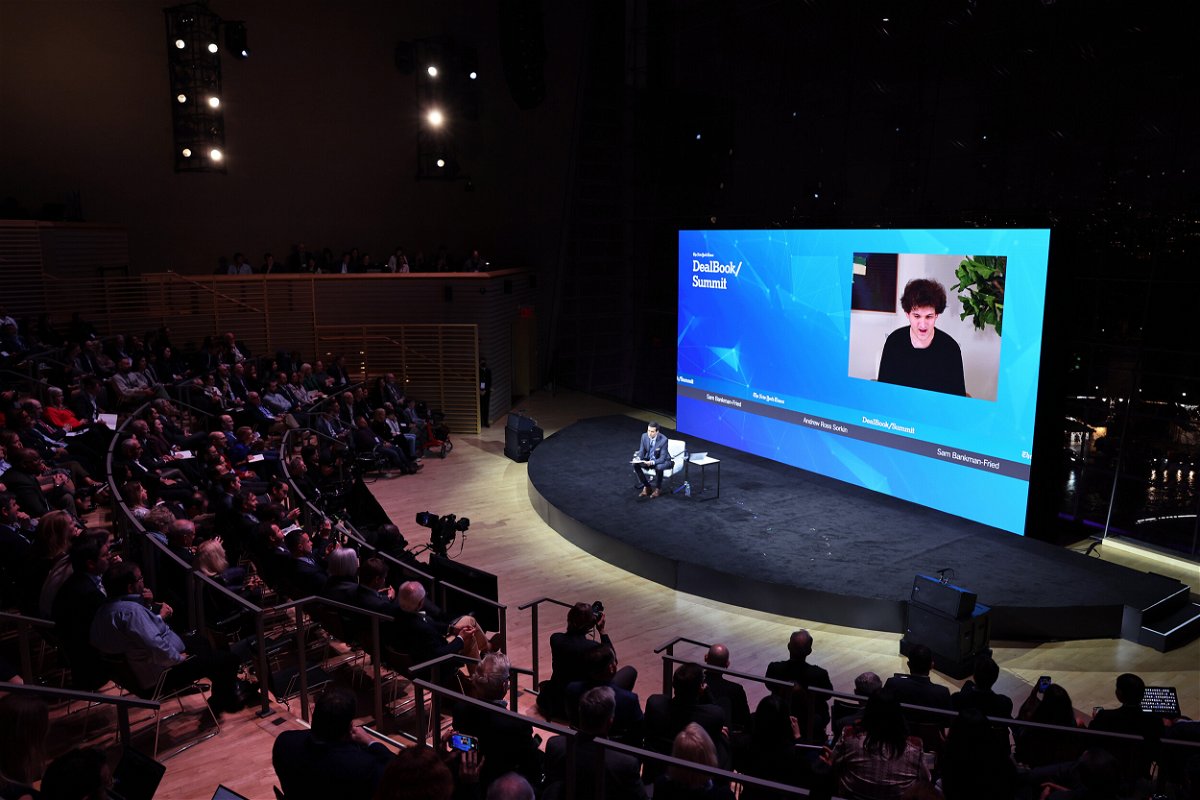 <i>Michael M. Santiago/Getty Images</i><br/>Andrew Ross Sorkin interviews FTX founder Sam Bankman-Fried during the New York Times DealBook Summit. Bankman-Fried said he 