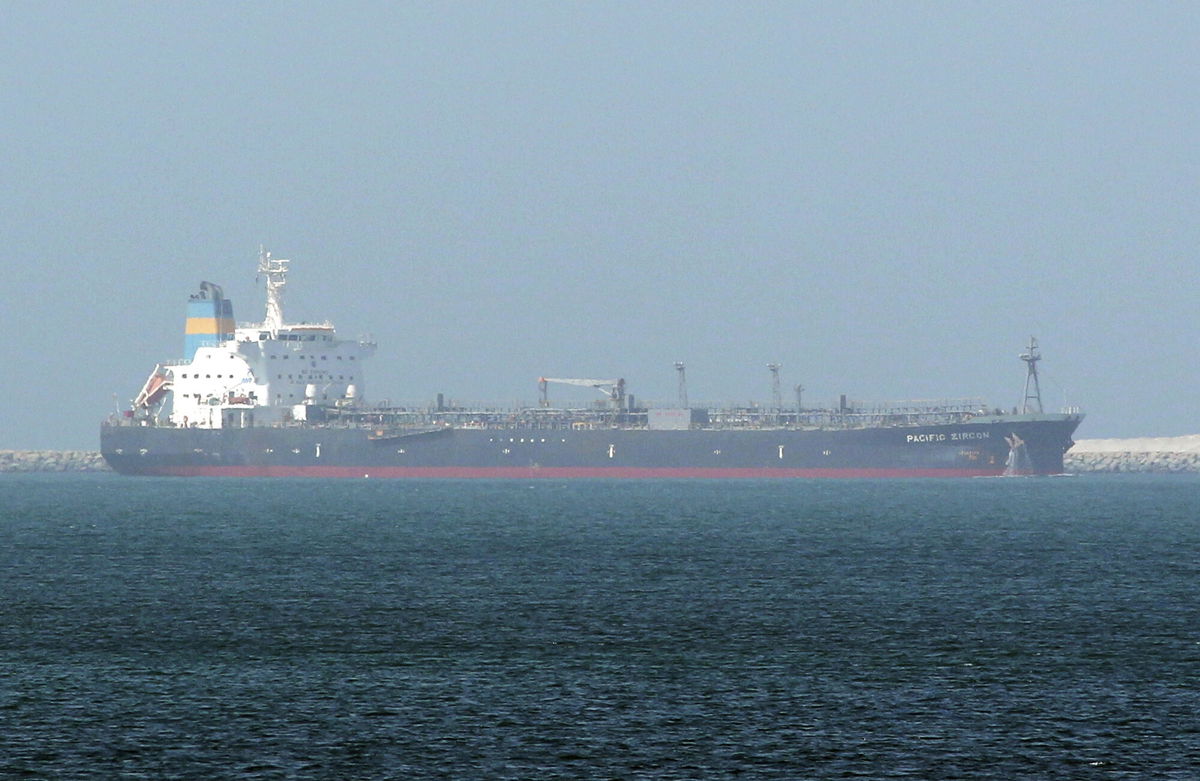 <i>Nabeel Hashmi/AP</i><br/>A self-destructing drone attacked the Pacific Zircon oil tanker carrying gas oil on Monday. The tanker in question is pictured here in Jebel Ali port