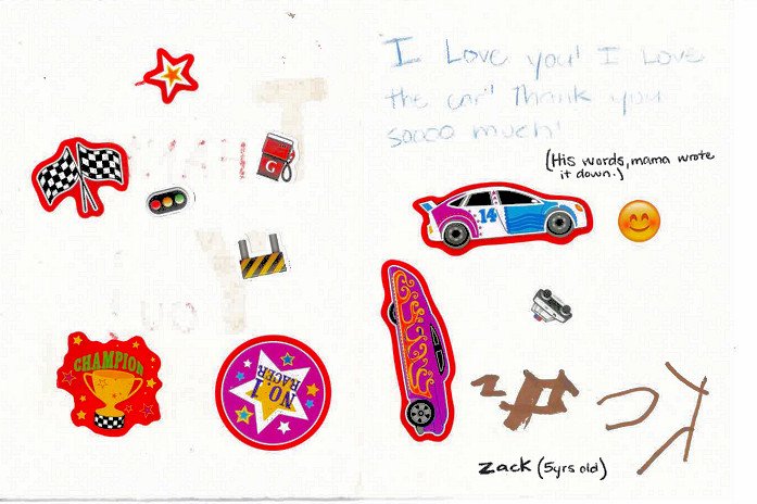 A 5-year-old boy's thank-you note for a handcrafted toy car