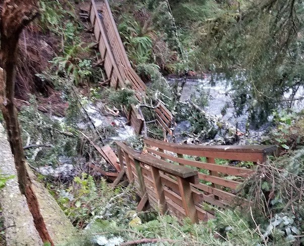 Storm destroyed pedestrian bridge at Oswald West State Park
