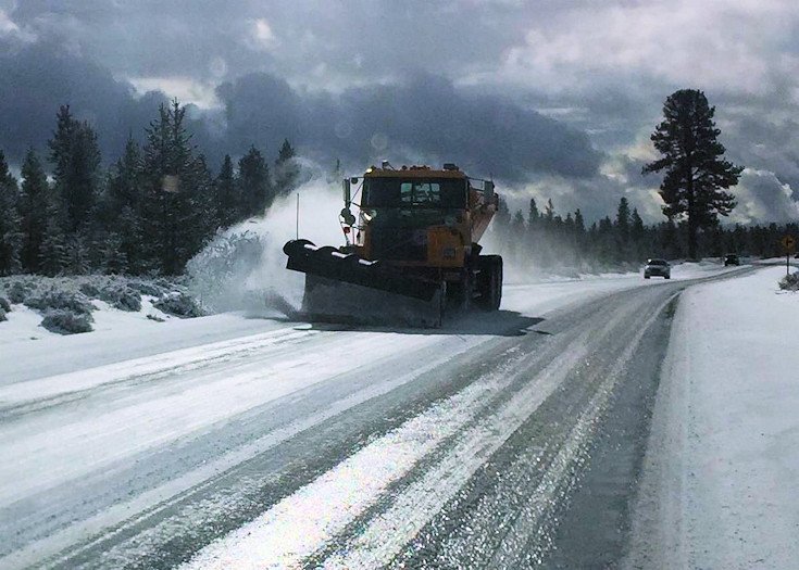 Snow plowing operations on Huntington Road in south Deschutes County