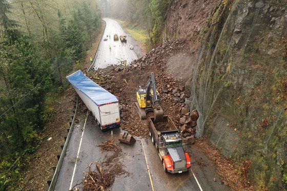 ODOT says it may take into the weekend to clean up, make repairs at landslide site on U.S. Highway 30, reopen one lane