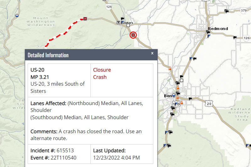 Serious-injury crash closes Highway 20 east of Sisters; detour in place – KTVZ