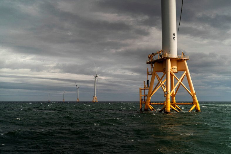 The five turbines of America's first offshore wind farm, owned by the Danish company, Orsted, stand off the coast of Block Island, R.I., on Oct. 17, 2022. The wind farm allowed residents of small Block Island to shut off five diesel generators