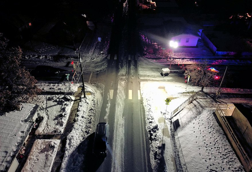 Aerial view of Redmond vehicle-pedestrian crash scene Wednesday evening at SW 9th Street and Black Butte Blvd.