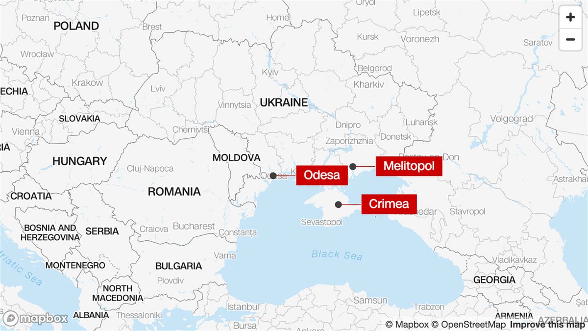 <i>Mapbox</i><br/>Multiple explosions have been reported in the Russian-occupied city of Melitopol in southern Ukraine
