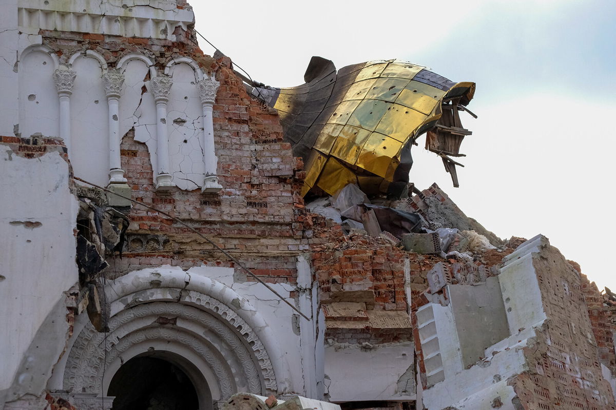 <i>Vasco Sousa Cotovio/CNN</i><br/>The Orthodox monastery in Dolyna is one of many buildings damaged by shelling.