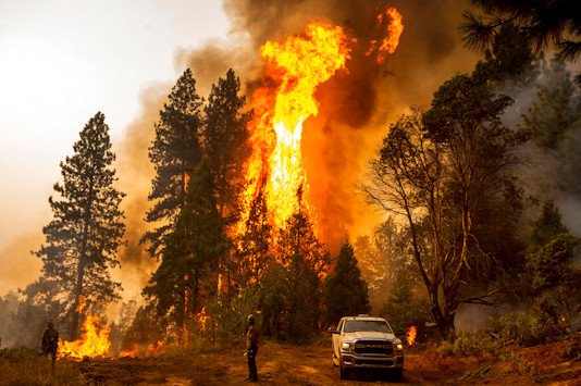 A firefighter monitors a backfire, flames lit by fire crews to burn off vegetation, while battling the Mosquito Fire in the Volcanoville community of El Dorado County, Calif., on Sept. 9, 2022