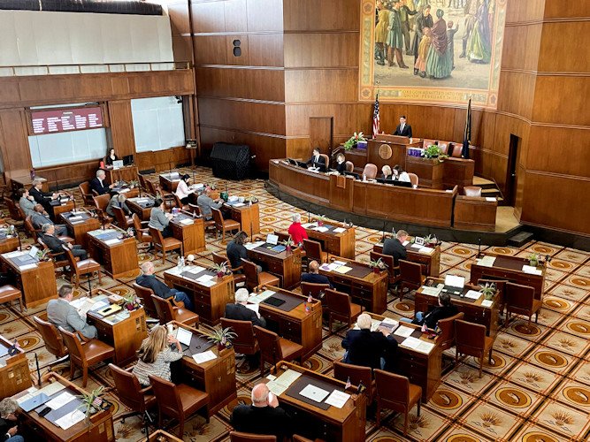 The Oregon Senate convenes for the first day of the legislative session in January 2023 at the  Capitol in Salem