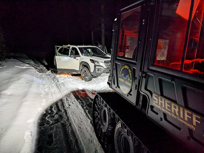 Deschutes County Sheriff's Search and Rescue tracked vehicle Argo was used to reach stranded, stuck motorists SE of Bend late Thursday