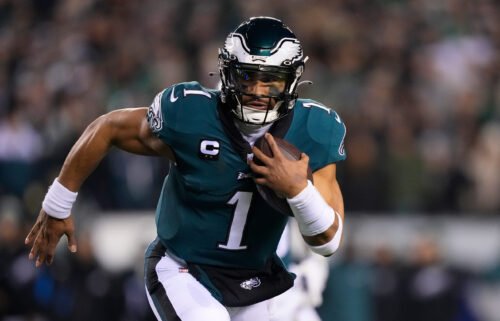 Jalen Hurts in action during the Eagles'  divisional round playoff game against the New York Giants.
