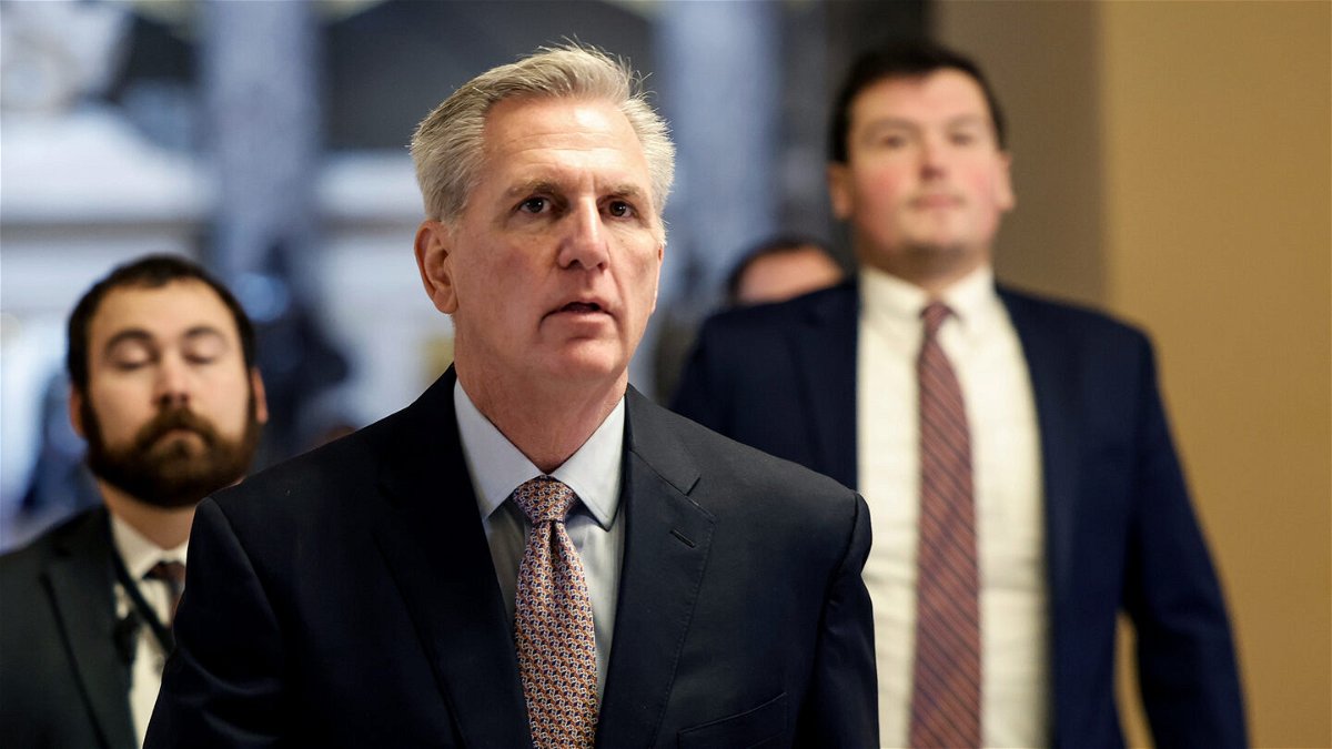 <i>Anna Moneymaker/Getty Images</i><br/>House Speaker Kevin McCarthy (center) walks to open floor of the House Chambers in the US Capitol Building on January 30.