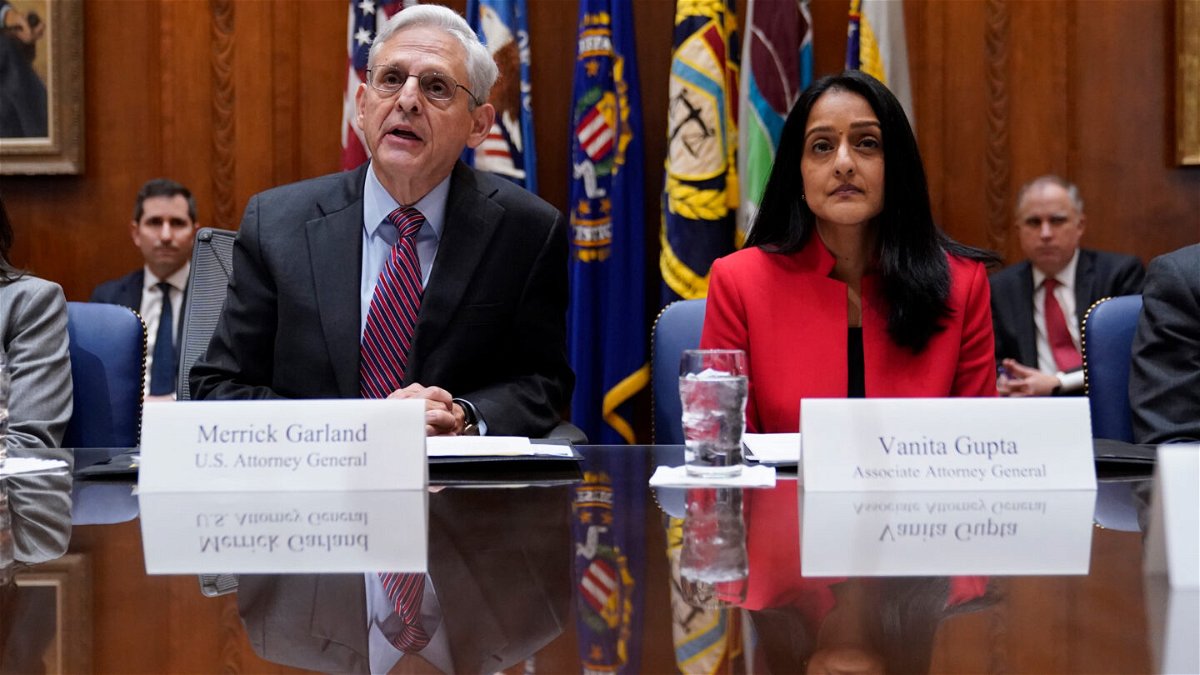 <i>Patrick Semansky/AP</i><br/>Attorney General Merrick Garland (left) and Associate Attorney General Vanita Gupta are pictured here at the Department of Justice in Washington
