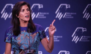 Former UN Ambassador Nikki Haley speaks to guests at the Republican Jewish Coalition annual leadership meeting in Las Vegas on November 19