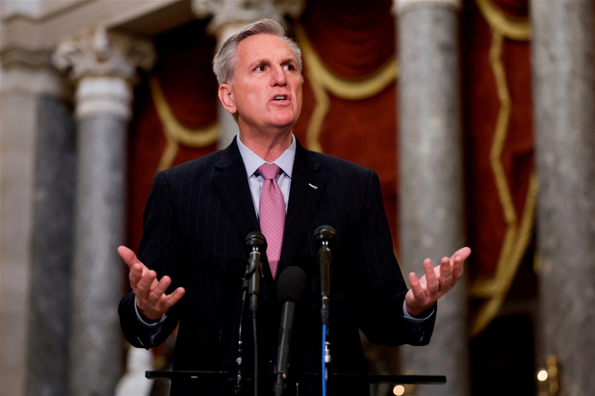 <i>Anna Moneymaker/Getty Images</i><br/>US Speaker Kevin McCarthy speaks at a news conference in Statuary Hall of the US Capitol Building on January 12.