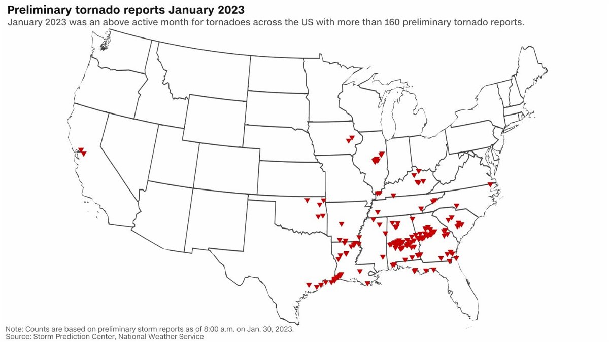 <i>CNN Weather</i><br/>January 2023 was an above-normal month for tornadoes across the United States with more than 160 preliminary tornado reports.
