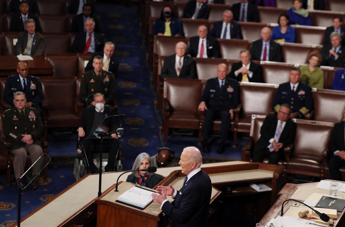 <i>Evelyn Hockstein-Pool/Getty Images</i><br/>President Joe Biden will deliver the annual State of the Union address to Congress on February 7. Biden is pictured here during last year's State of the Union address on March 01