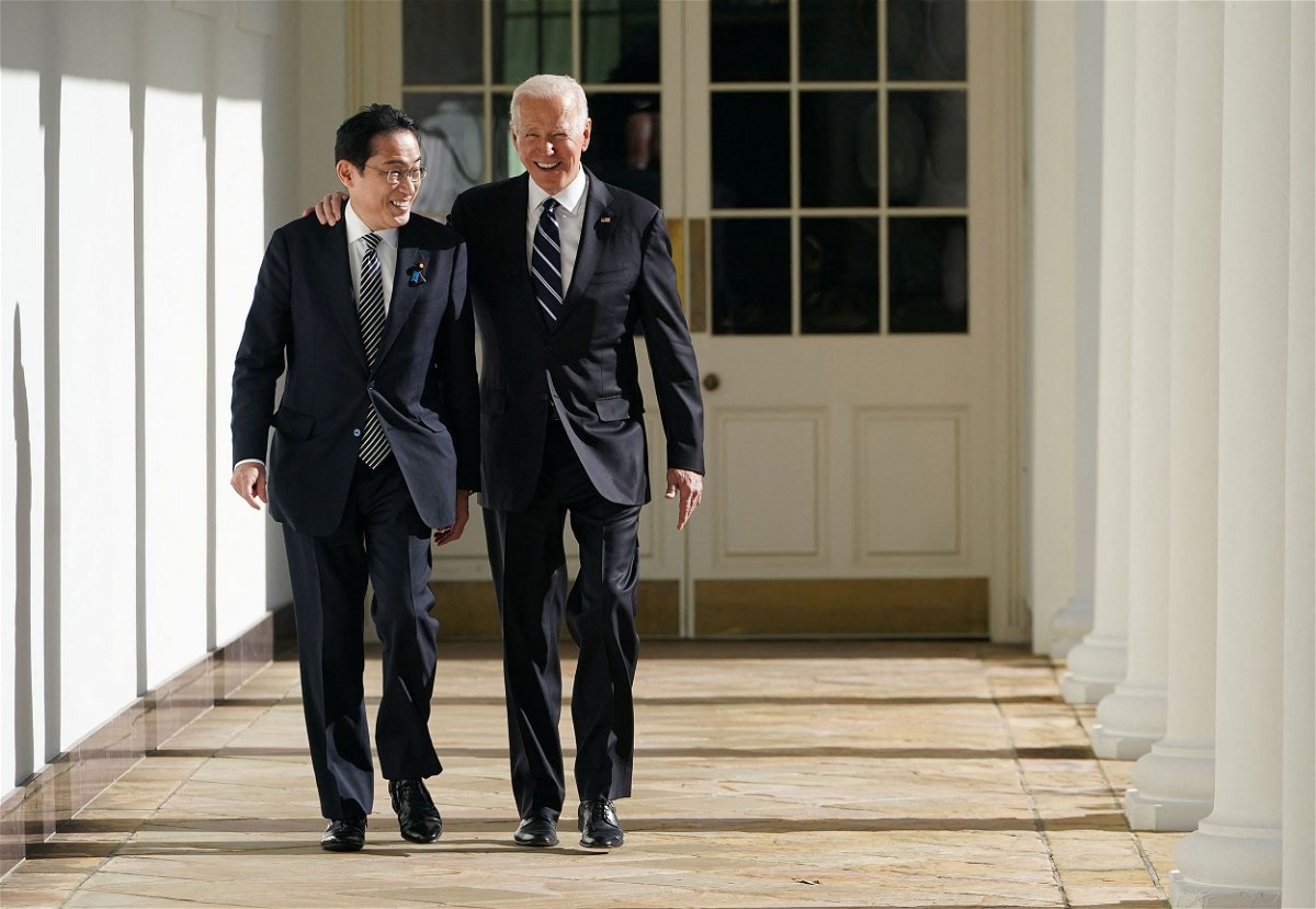 <i>Mandal Ngan/Pool/AFP/Getty Images</i><br/>US President Joe Biden and Japanese Prime Minister Fumio Kishida walk through the colonnade of the White House in Washington