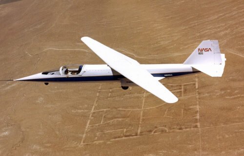 The AD-1 oblique wing research aircraft was photographed during a wing sweep test flight. The aircraft was flown 79 times during the research program conducted at NASA Dryden between 1979 and 1982.