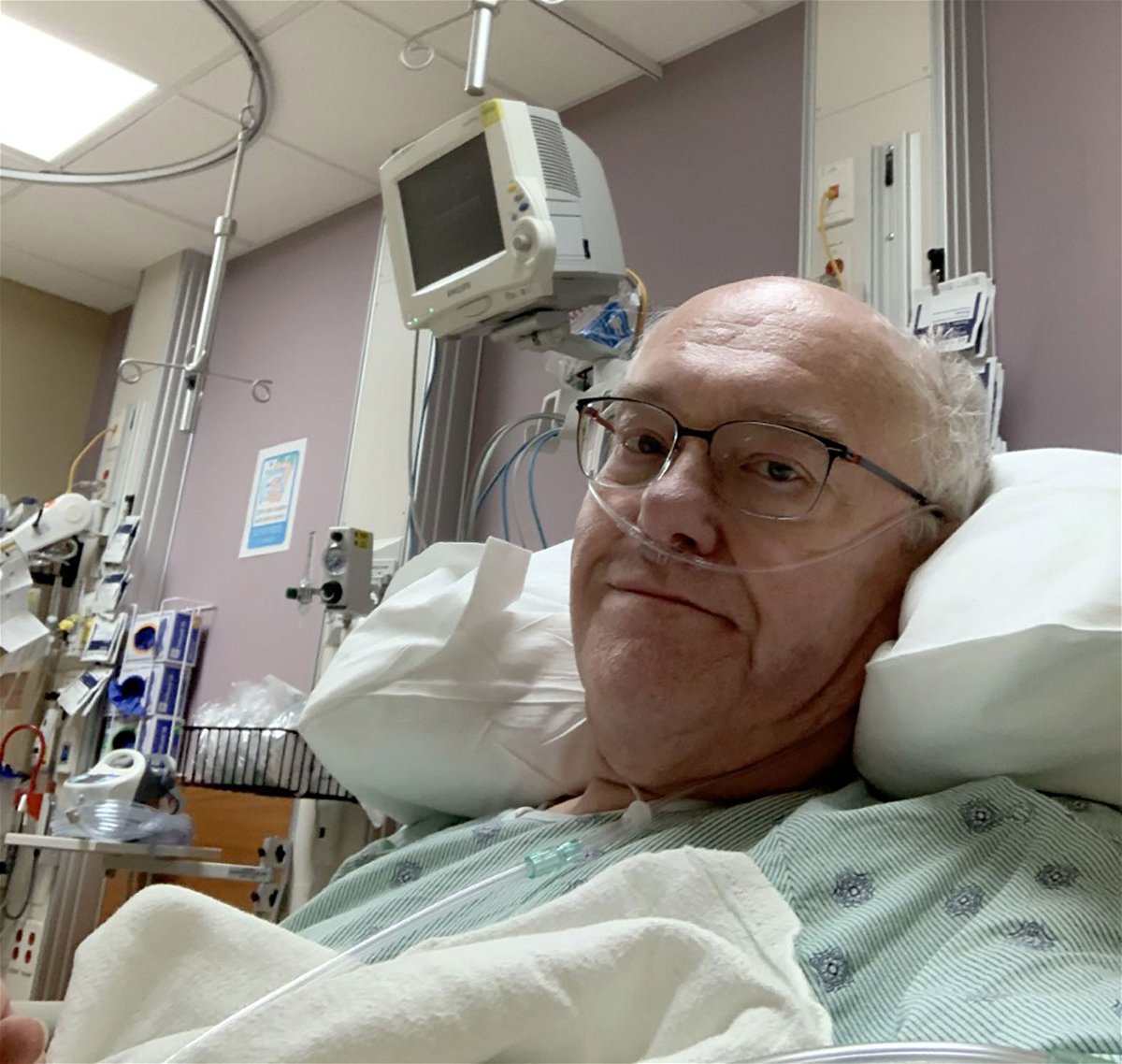 <i>Courtesy David Adams</i><br/>David Adams in the hospital during a flareup of VEXAS syndrome symptoms.