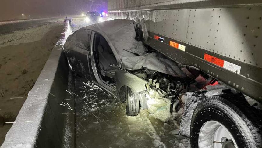 <i>Leawood Police Department/KMBC</i><br/>The Kia hit the right rear of the trailer