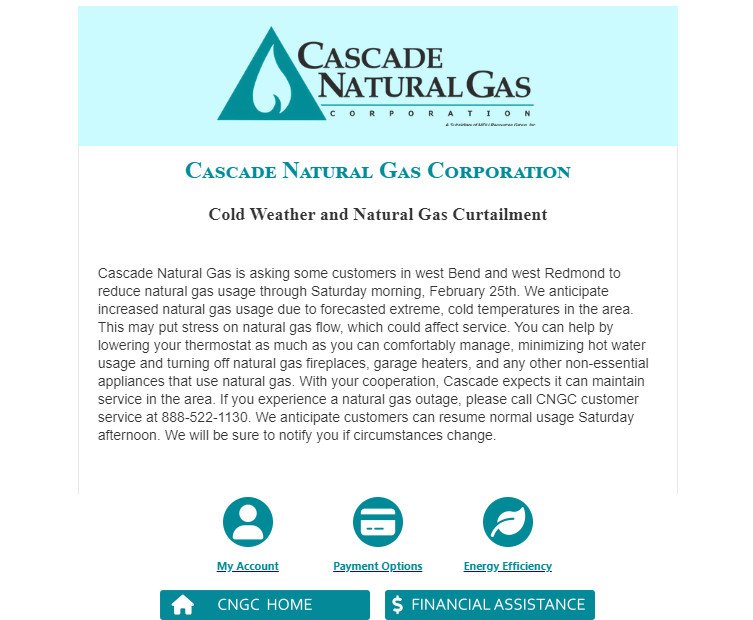 Notice received by about 2,500 Cascade Natural Gas customers