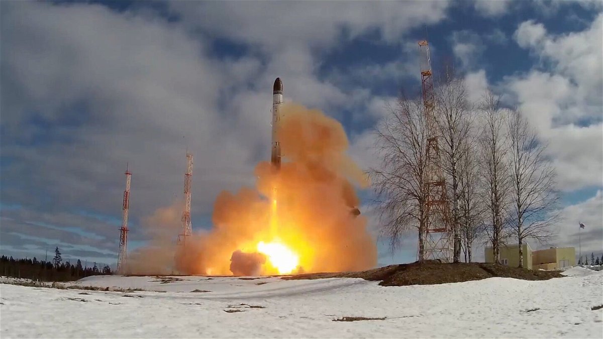 <i>Russia Ministry of Defense/Shutterstock</i><br/>This image released by Russia's Ministry of Defense in April 2022 shows the first launch of its new Sarmat super-heavy