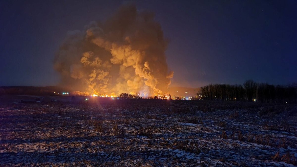 <i>Courtesy Kevin Csernik</i><br/>Flames erupt after a train derailment in East Palestine