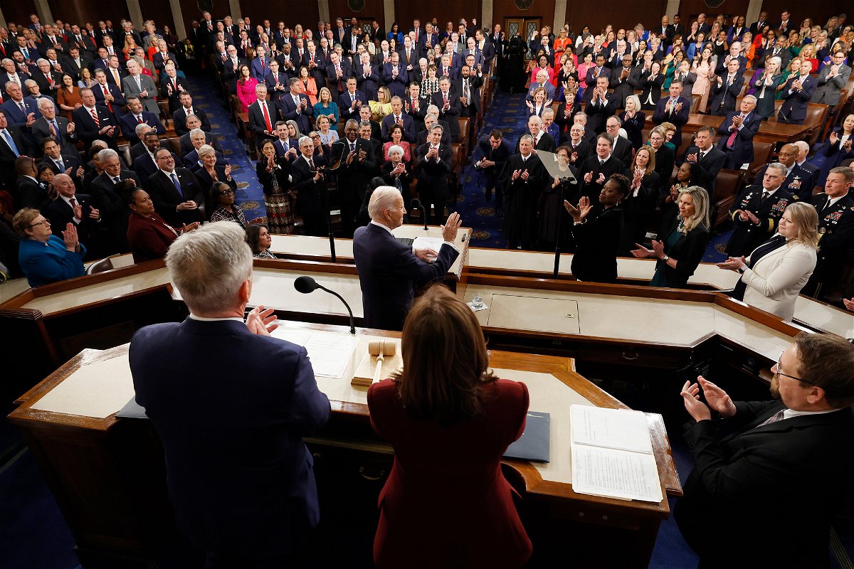 <i>Kevin Dietsch/Getty Images</i><br/>President Joe Biden delivers his State of the Union address during a joint meeting of Congress in the House Chamber of the U.S. Capitol on February 7 in Washington