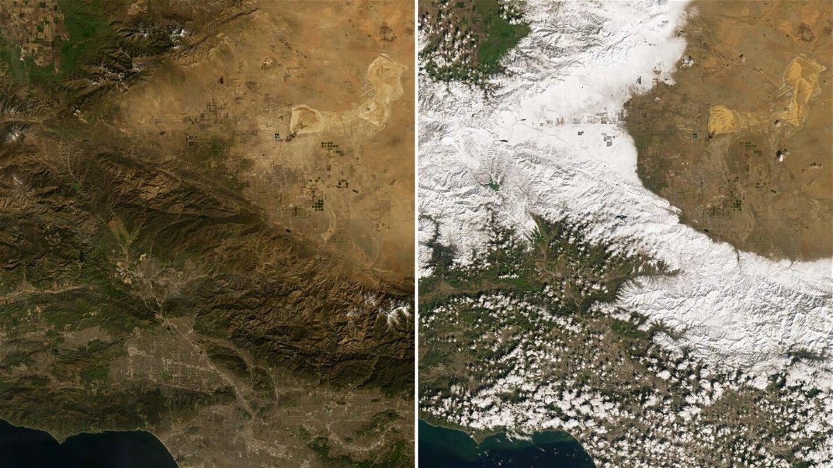 <i>NASA</i><br/>An image (right) of snow blanketing much of the San Gabriel Mountains in areas north of Los Angeles is seen on February 26