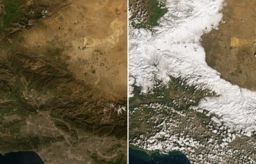 An image (right) of snow blanketing much of the San Gabriel Mountains in areas north of Los Angeles is seen on February 26
