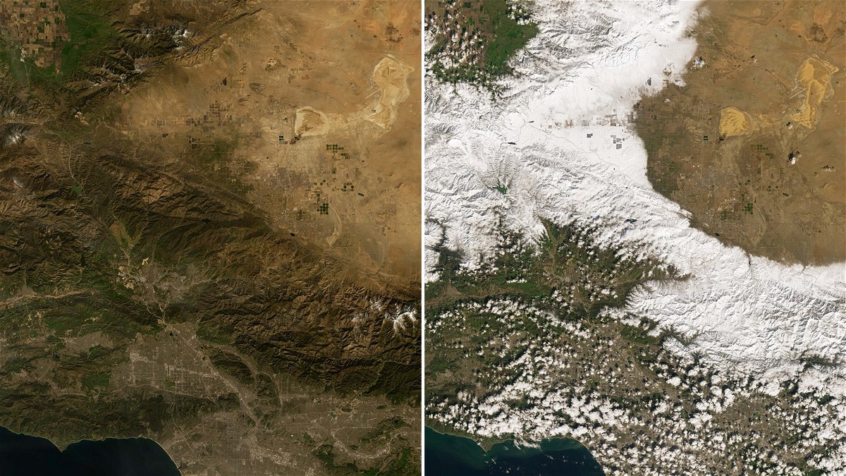 An image (right) of snow blanketing much of the San Gabriel Mountains in areas north of Los Angeles is seen on February 26