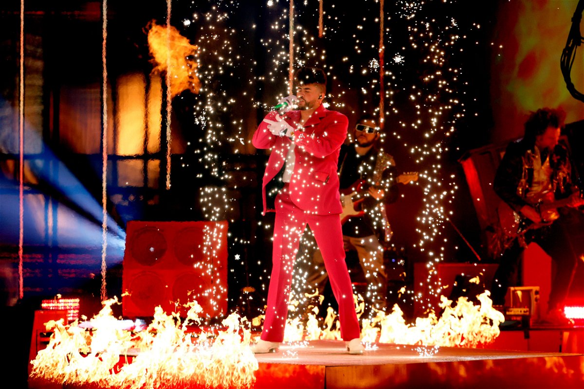 <i>Ethan Miller/Getty Images</i><br/>Bad Bunny performing on stage at the Latin Grammys in 2021. The 2023 ceremony will be held in Spain.