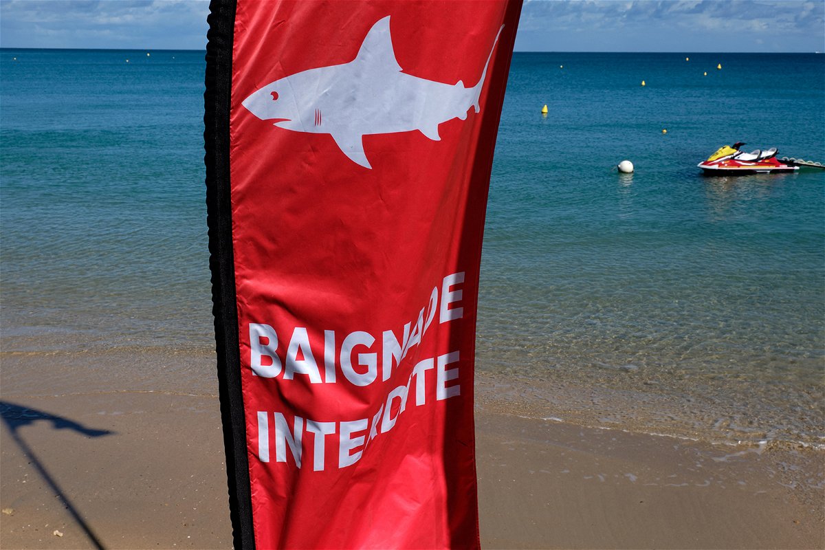 <i>Theo Rouby /AFP/Getty Images/File</i><br/>A tourist has died after being attacked by a shark in waters off New Caledonia in the South Pacific on Sunday. Pictured is a flag reading 
