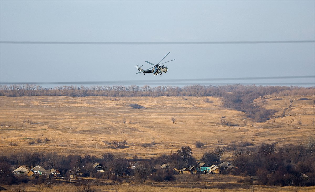 <i>Alexander Ermochenko/Reuters</i><br/>A Russian Mi-28 military helicopter pictured in the Luhansk region in eastern Ukraine on January 19.