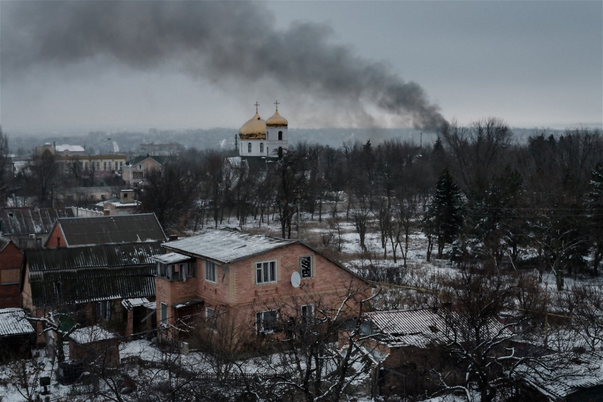 <i>Yasuyoshi Chiba/AFP/Getty Images</i><br/>Black smoke rises after shelling in the eastern Ukrainian city of Bakhmut amid the Russian invasion of Ukraine on February 3. An American volunteer aid worker was killed in Bakhmut on February 2 while aiding civilians.